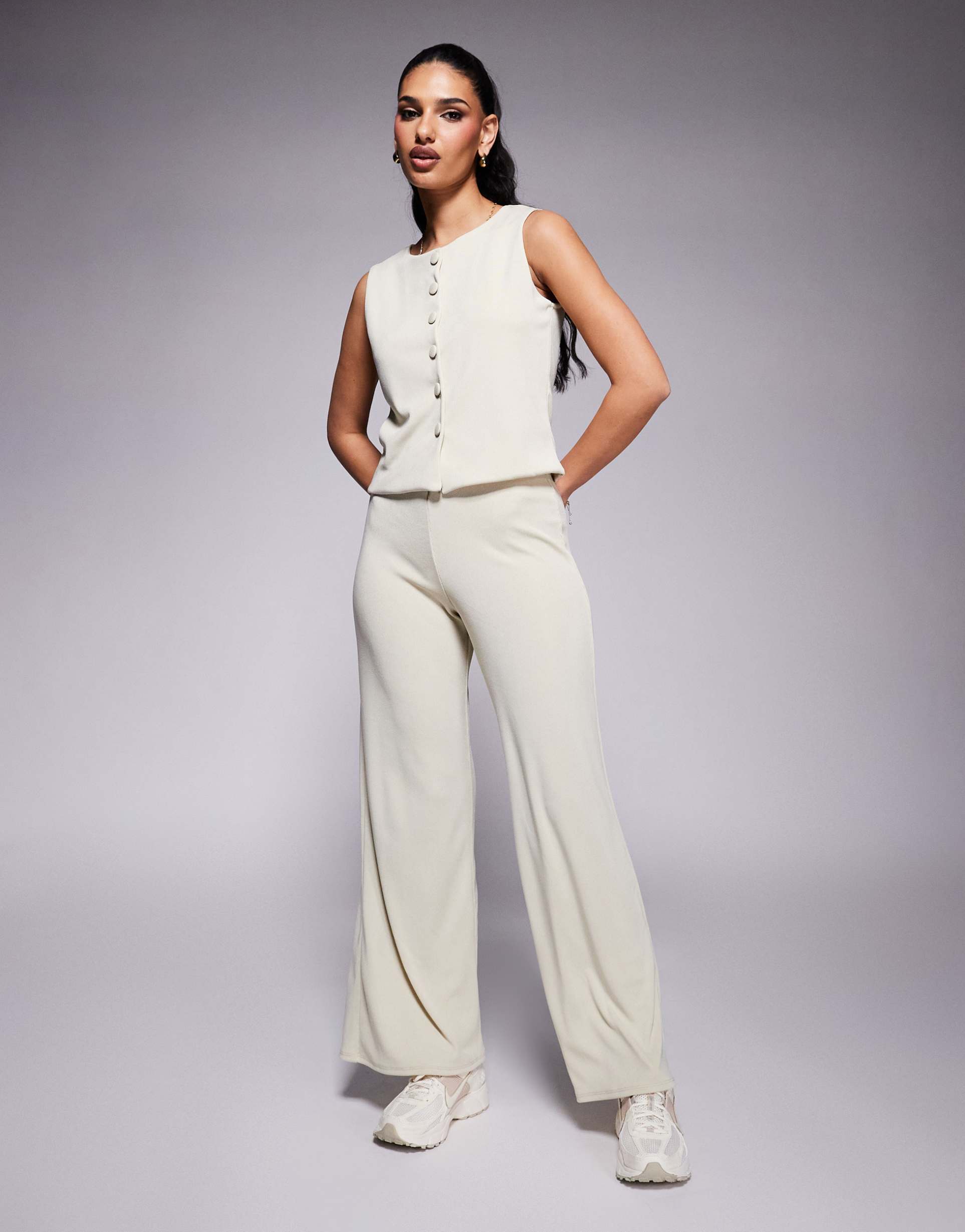 asos design ribbed wide leg pants in stone - part of a set