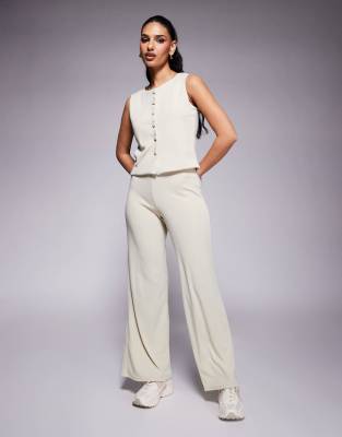 Asos Design Ribbed Wide Leg Pants In Neutral