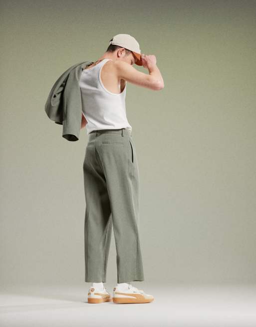 ASOS DESIGN ribbed wide leg suit pants in olive green
