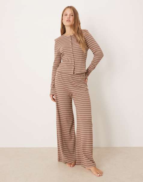 ASOS DESIGN ribbed wide leg trouser in brown stripe - view 1