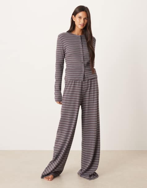 ASOS DESIGN ribbed wide leg trouser in grey & blue stripe - view 1