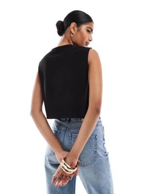 Asos Design Ribbed Wide Shoulder Boxy Cropped Vest In Black