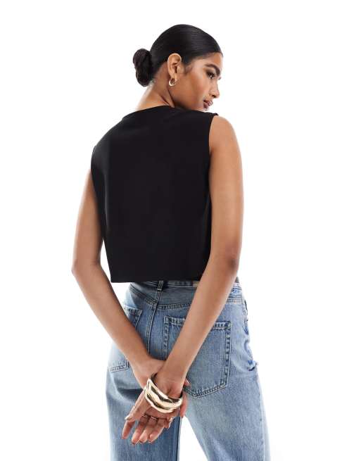 ASOS DESIGN ribbed wide shoulder boxy cropped vest in black, 2 of 4