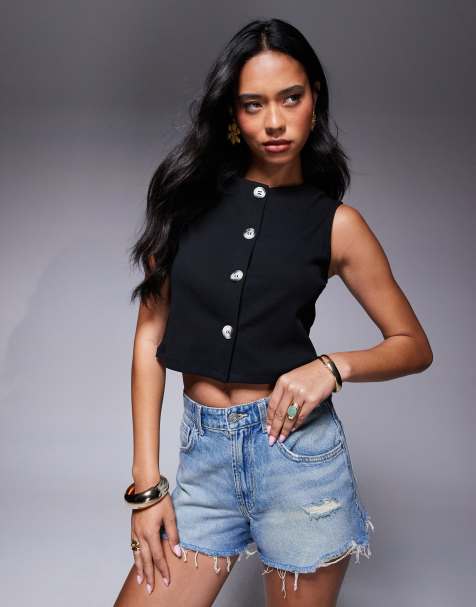 ASOS DESIGN ribbed wide shoulder boxy cropped waistcoat in black - view 1
