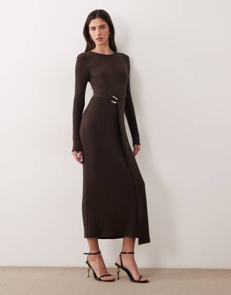 ASOS DESIGN ribbed wrap midi dress with hardware detail in chocolate - view 1