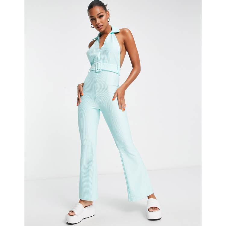 ASOS DESIGN ribbed zip front collared jumpsuit with belt in baby blue