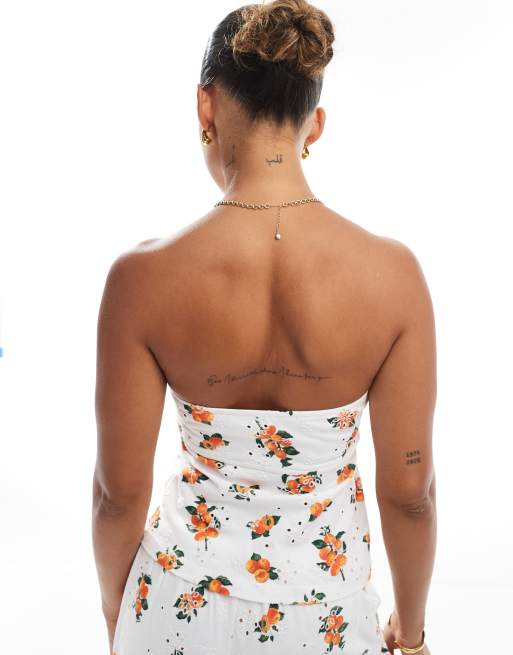 ASOS DESIGN ribbon detail broderie bandeau in white base orange print, 2 of 4