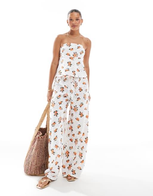 ASOS DESIGN ribbon detail broderie bandeau in white base orange print, 3 of 4