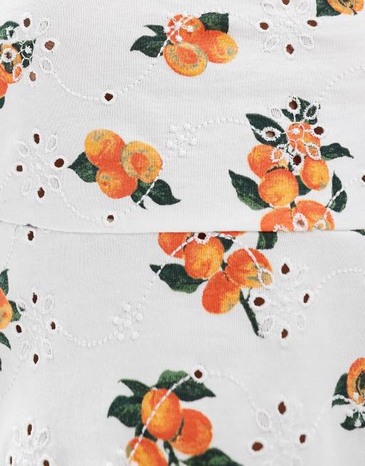 ASOS DESIGN ribbon detail broderie bandeau in white base orange print, 4 of 4