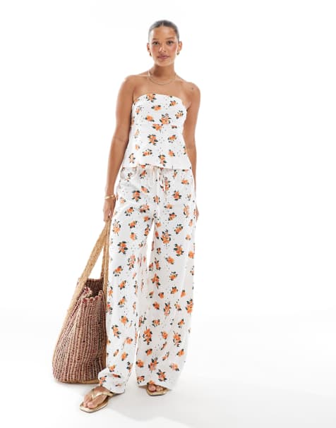ASOS DESIGN ribbon detail broderie co-ord in white base orange print - view 1