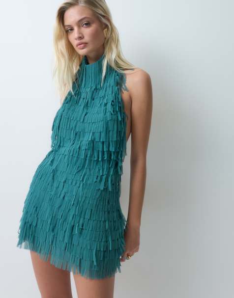 ASOS DESIGN ribbon fringe halter mini dress in teal - view 1