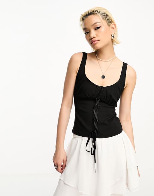Ribbon chain lace up corset tops BLACK