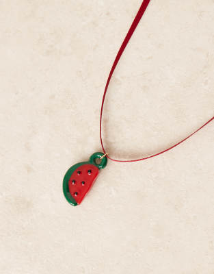 Asos Design Ribbon Necklace With Resin Watermelon Charm