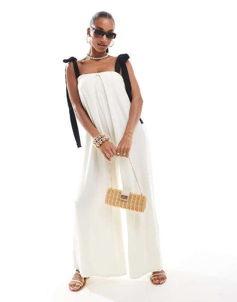 ASOS DESIGN ribbon tie strap wide leg jumpsuit in cream - view 1