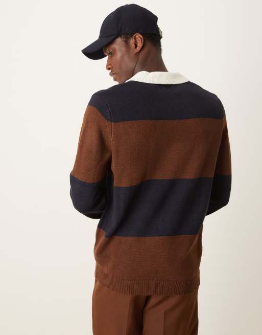 ASOS DESIGN - Ribgebreid gestreept rugbyshirt in bruin en marineblauw, 4 van 4