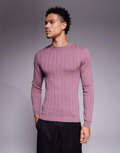 ASOS DESIGN - Ribgebreid muscle fit T-shirt met lange mouwen in mauve - view 1