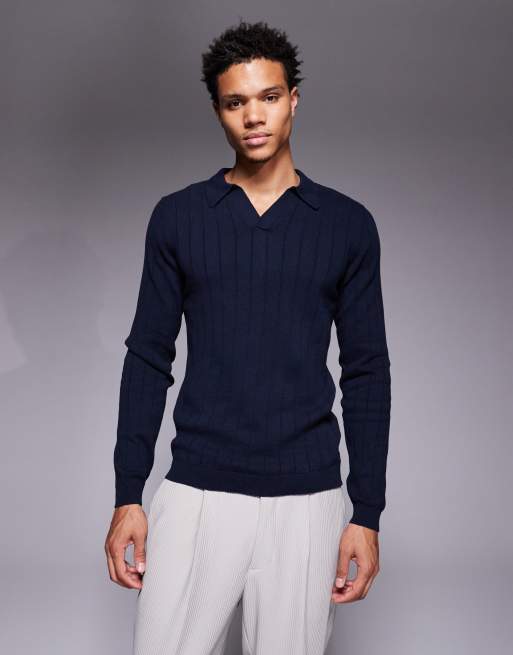ASOS DESIGN - Ribgebreide muscle fit polo met lange mouwen en inkeping in de hals in marineblauw