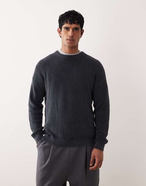 ASOS DESIGN - Ribstrikket afslappet trøje med rund hals i marineblå syrevask - view 1