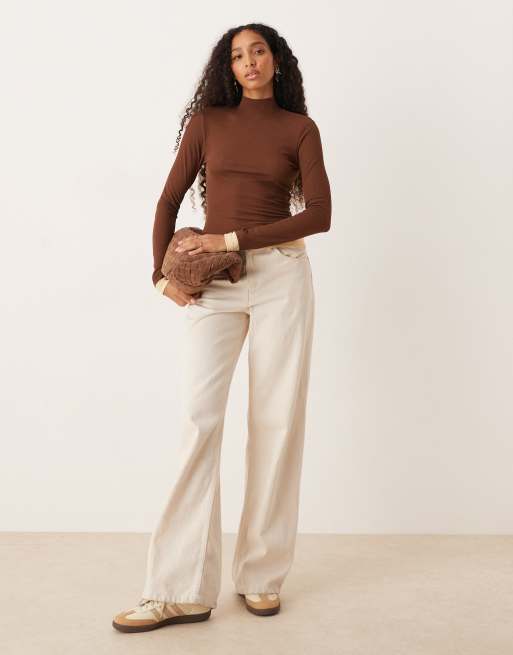ASOS DESIGN - Ribstrikket brun top i gaze-mesh med dobbeltlag og høj hals, 3 af 4