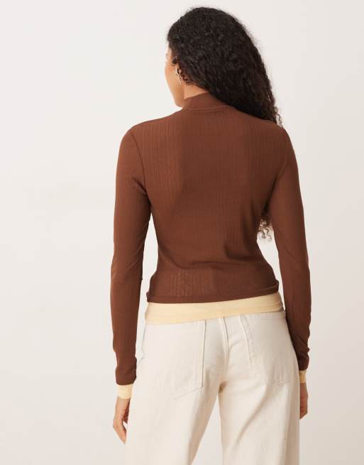 ASOS DESIGN - Ribstrikket brun top i gaze-mesh med dobbeltlag og høj hals, 4 af 4