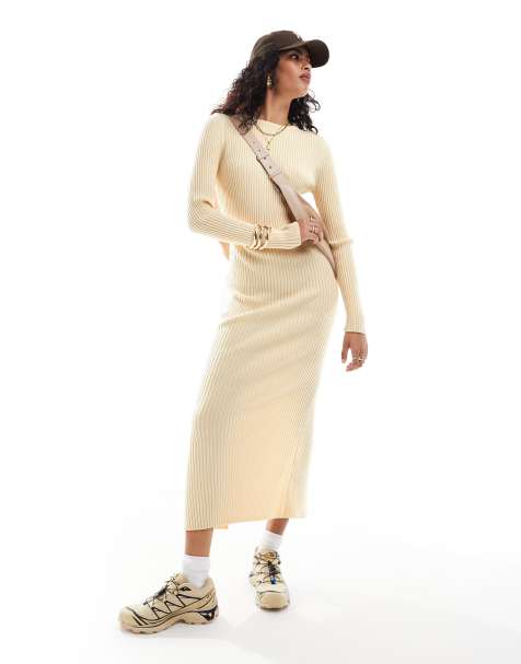 ASOS DESIGN - Ribstrikket cremehvid maxikjole med rund hals - view 1