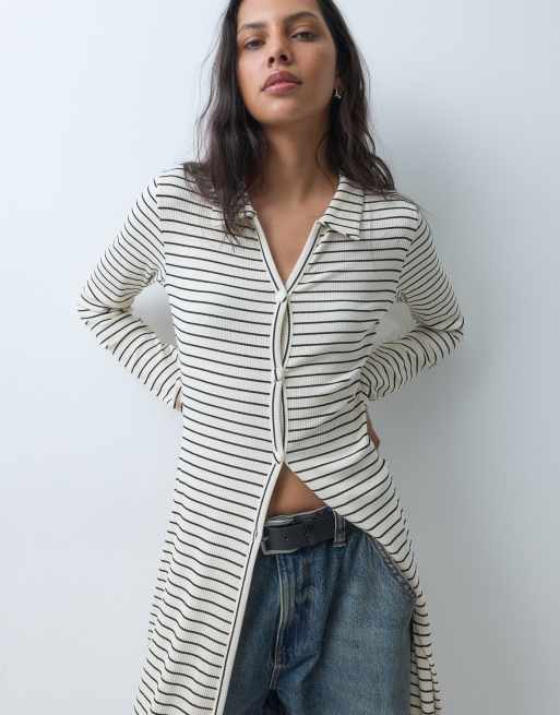 ASOS DESIGN ribstrikket gennemknappet lang cardigan i creme og sort stribe, 3 af 4