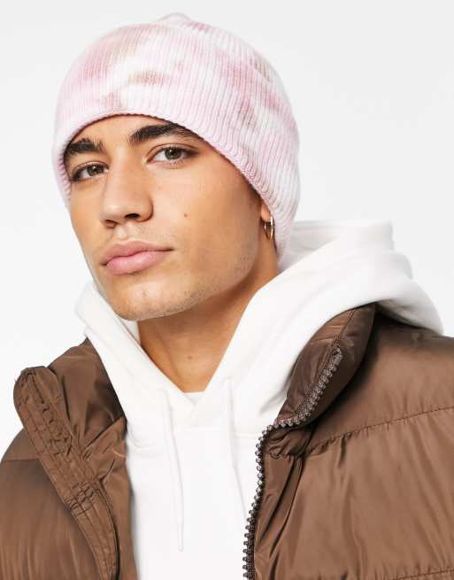ASOS DESIGN - Ribstrikket hue i pink tie-dye med bredt ombuk