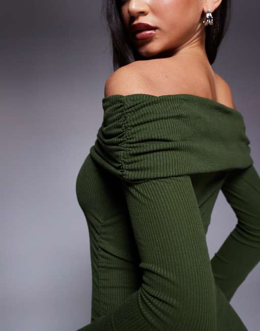 ASOS DESIGN - Ribstrikket og rynket kakifarvet bardot-minikjole, 4 af 4