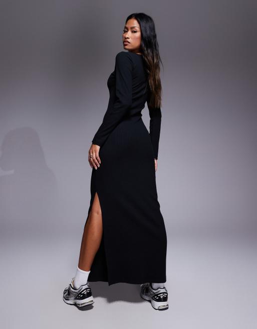 ASOS DESIGN - Ribstrikket og sort maxikjole med slids, 2 af 4