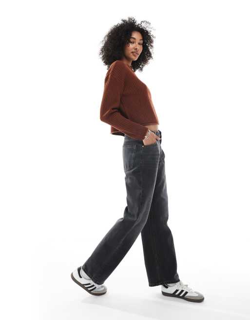 ASOS DESIGN - Ribstrikket rustrød firkantet trøje med rund hals og rullet kant, 2 af 4