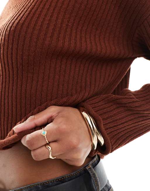 ASOS DESIGN - Ribstrikket rustrød firkantet trøje med rund hals og rullet kant, 3 af 4