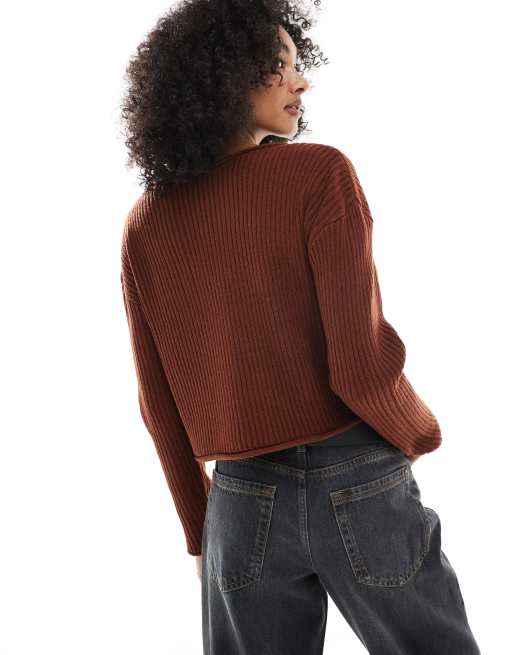 ASOS DESIGN - Ribstrikket rustrød firkantet trøje med rund hals og rullet kant, 4 af 4