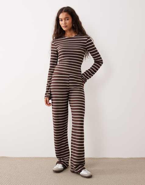 ASOS DESIGN - Ribstrikket sæt med chokoladebrune striber - view 1