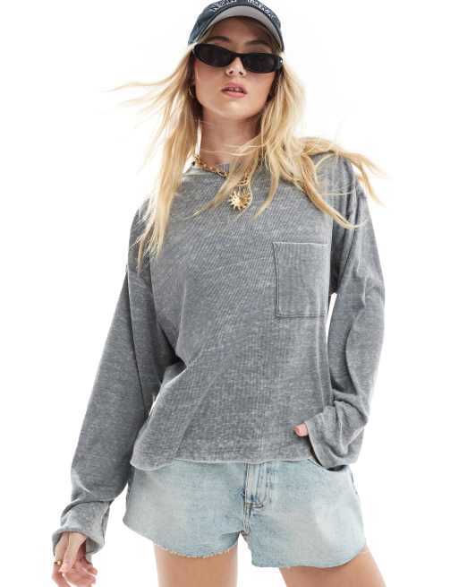 ASOS DESIGN - Ribstrikket top med lange ærmer og nistret tekstur i grå syrevask