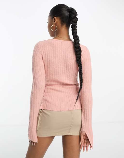 ASOS DESIGN - Ribstrikket trøje med slå-om-snit foran i støvet lyserød, 2 af 4