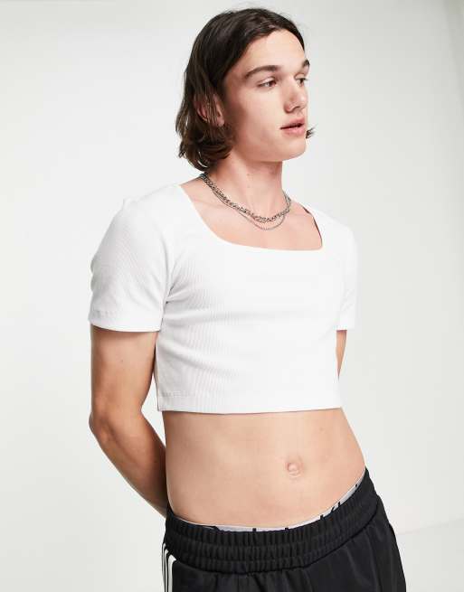 ASOS DESIGN - Ribstrikket tætsiddende croptop med firkantet hals i hvid