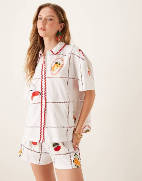 ASOS DESIGN ricrac shirt co-ord with summer embroidery