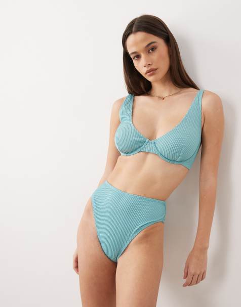 ASOS DESIGN – Riddy Azores – Turkusowy wysoko wycięty dół od bikini z wysokim stanem z prążkowanego brokatowego materiału - view 1
