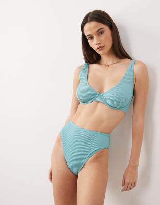 Riddy - Gerippte, glitzernde Azores-Bikinihose in Aqua mit hohem Bund und hohem Beinausschnitt-Blau Blau 44