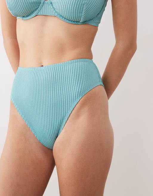 ASOS DESIGN Riddy glitter rib Azores high leg high waist bikini bottom in aqua, 3 of 4