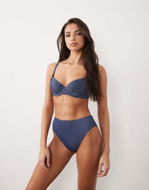 ASOS DESIGN Riddy glitter rib knit bikini set in slate blue - view 1