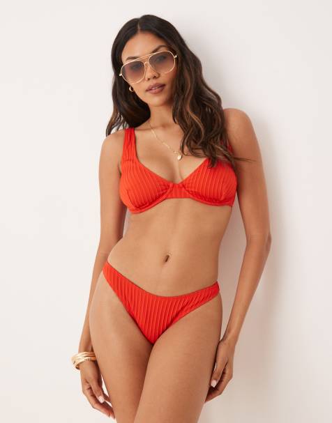 ASOS DESIGN - Riddy - Røde ribstrikkede bikinitrusser med høj benskæring og cheeky snit - view 1