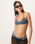 [ASOS DESIGN] ASOS DESIGN Riddy rib scoop halter bikini top in slate blue-Grey 10 Slate Blue