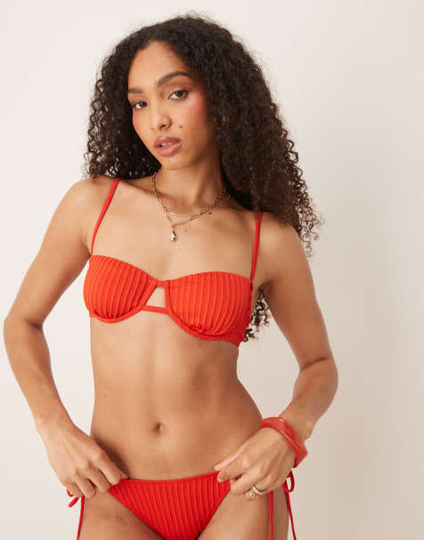 ASOS DESIGN Riddy rib underwired bikini top in red - view 1