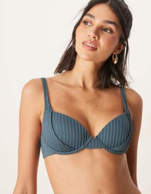 Asos Design Riddy Ribbed Padded Underwire Bikini Top In Gray