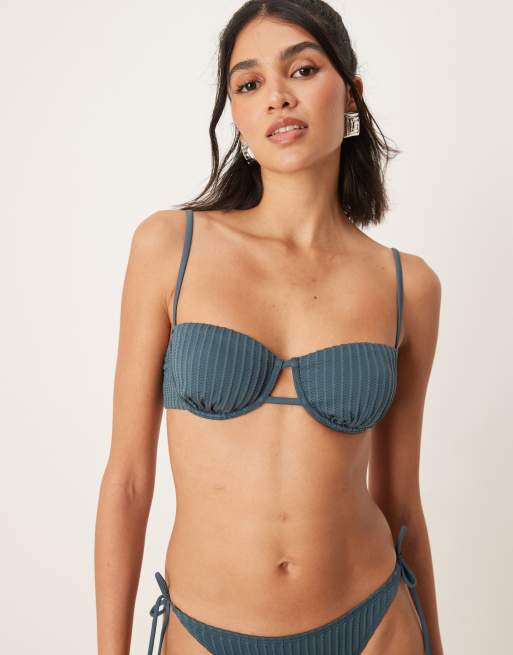ASOS DESIGN Riddy ribbed underwire bikini top in slate blue, 2 of 4