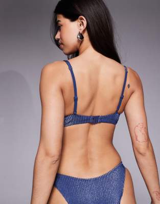Asos Design Riddy Sintra Glitter Rib Padded Push-up Underwire Bikini Top In Blue