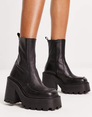 Asos Design Rider Premium Leather Chunky Heeled Boots In Black