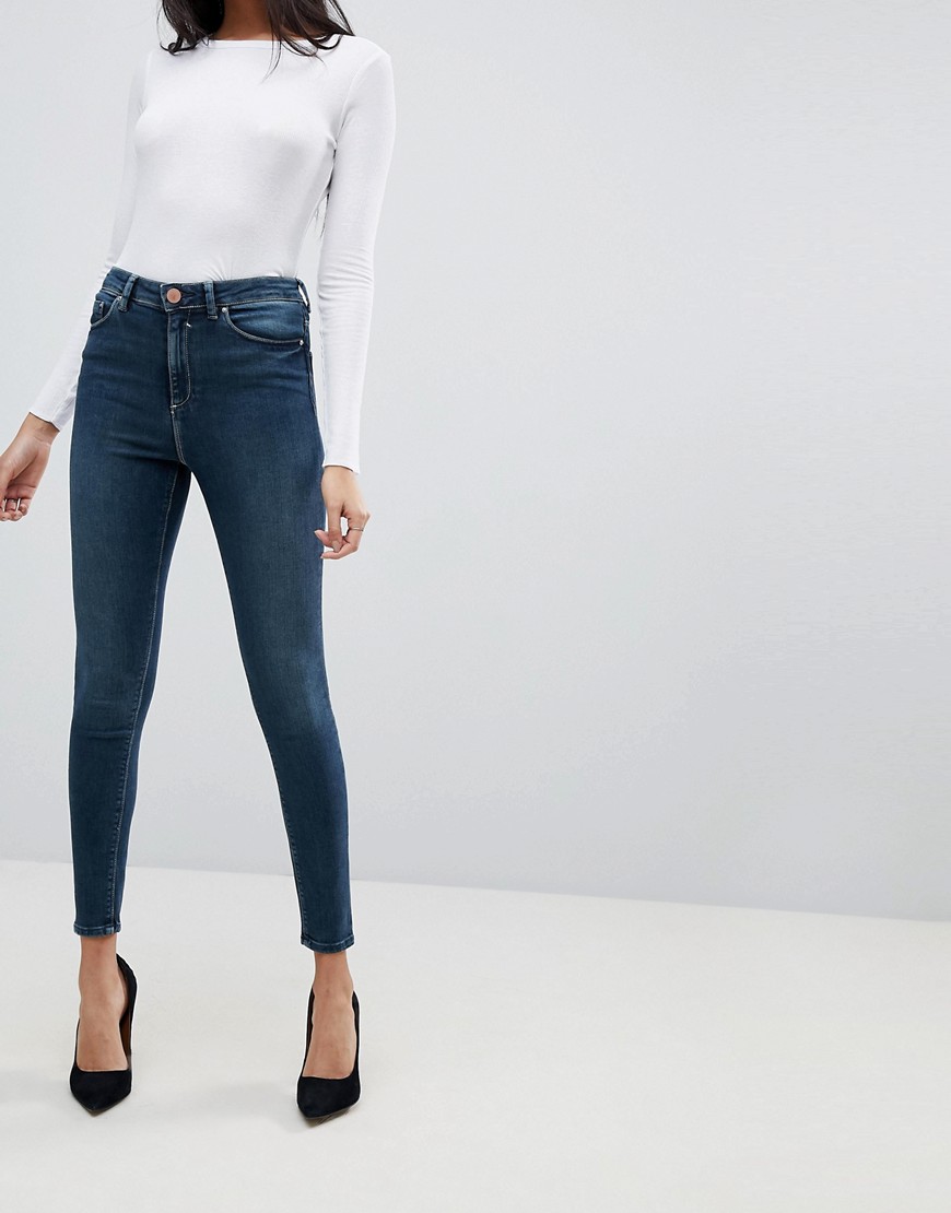 ASOS DESIGN – Ridley – Blå, tvättade skinny jeans med hög midja