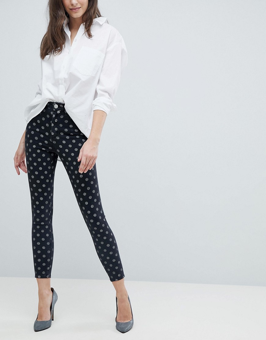 ASOS DESIGN – Ridley high waist skinny jeans med polkaprikket print-Multifarvet
